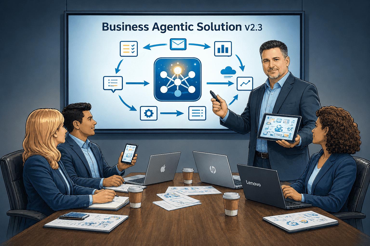 Illustration of Shawn Gifford leading an agentic automation design session in a boardroom