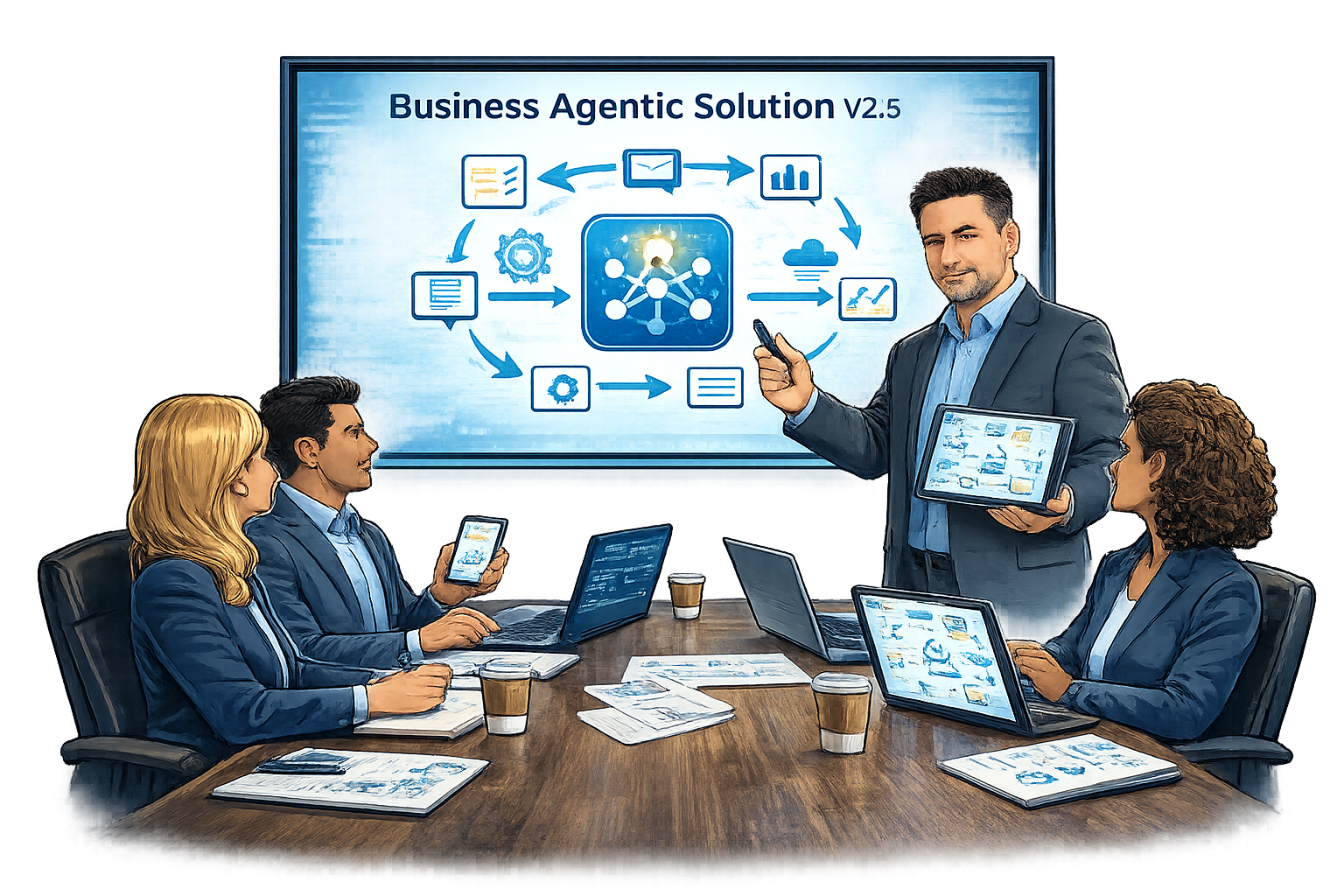 Illustration of Shawn Gifford leading an agentic automation design session in a boardroom