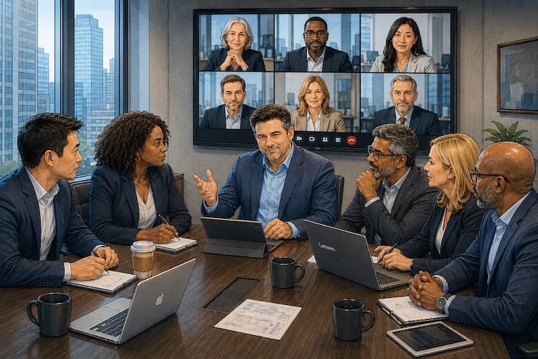 Shawn leading an executive briefing with in-room and remote participants