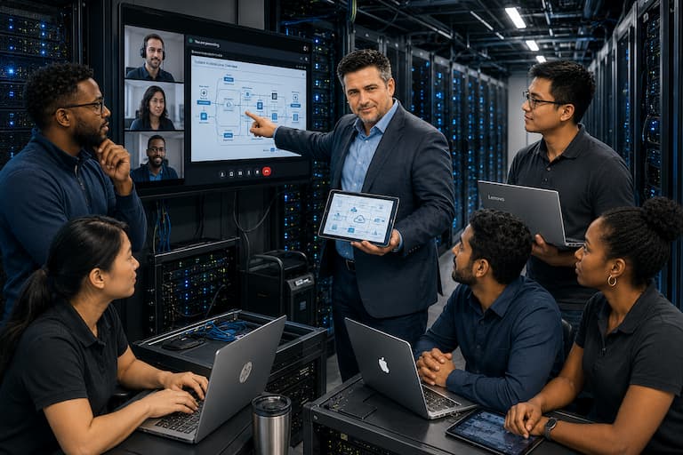 Shawn presenting system architecture in a datacenter alongside the technical team